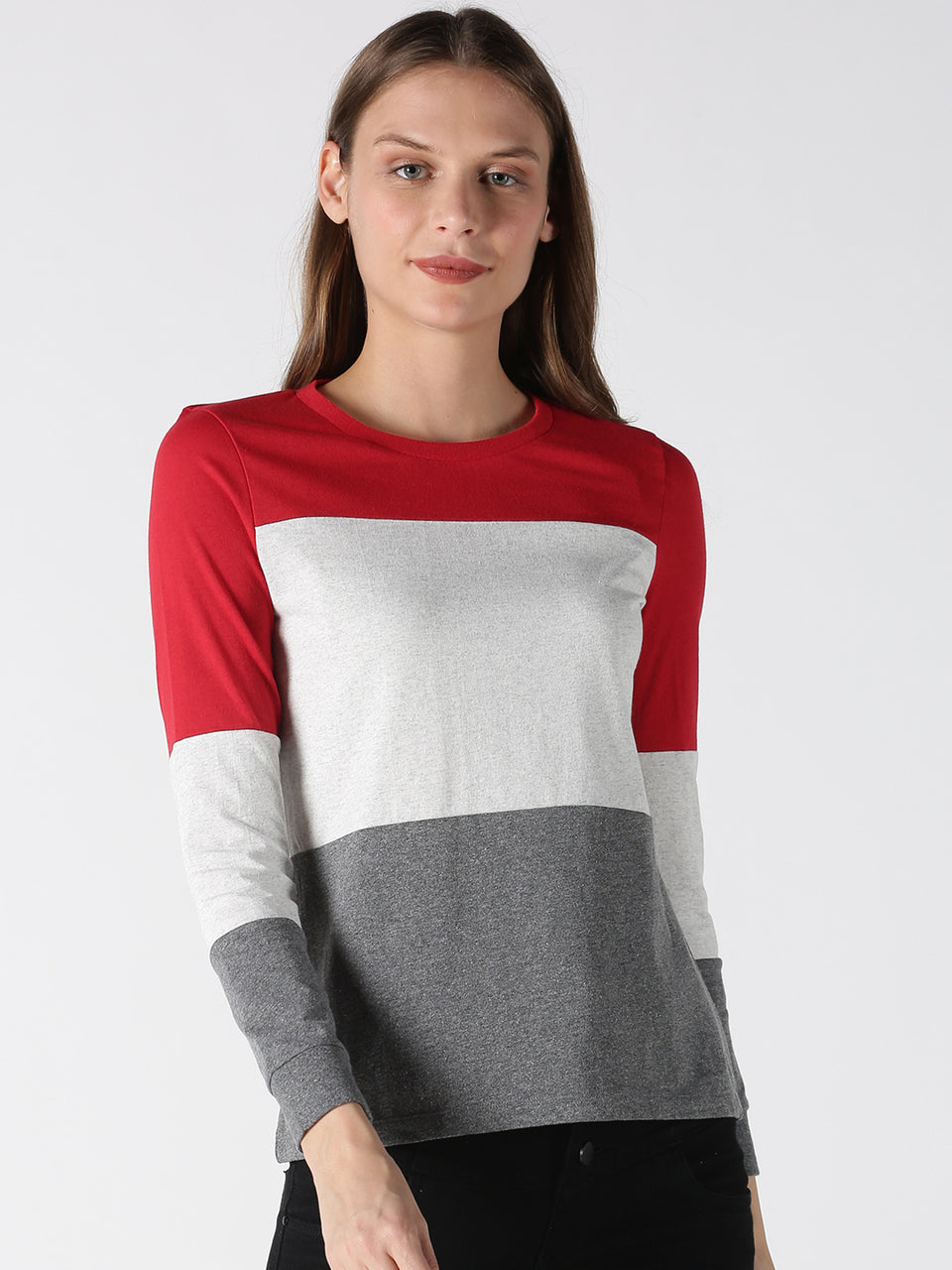 women red & grey cotton full sleeve t-shirt