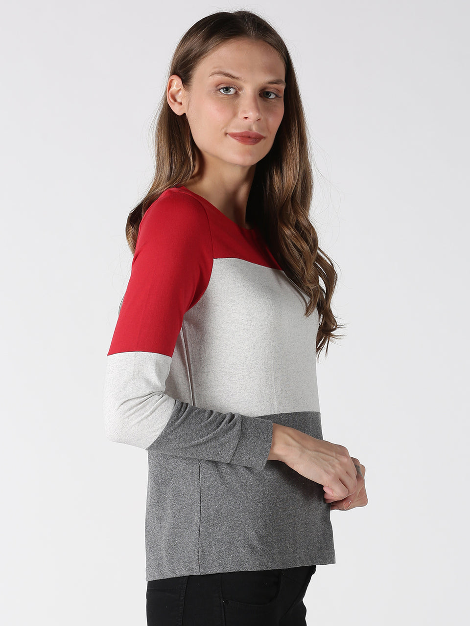 women red & grey cotton full sleeve t-shirt