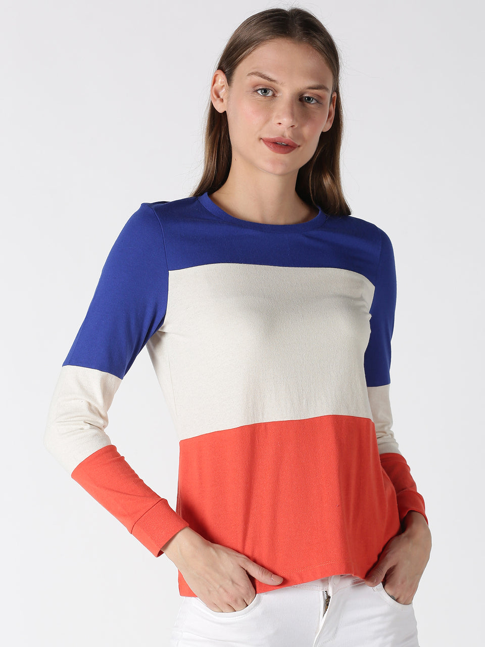 Women Blue Off White Orange Color Blocked Round Neck Recycled Cotton Full Sleeve Regular Fit Casual T-Shirts