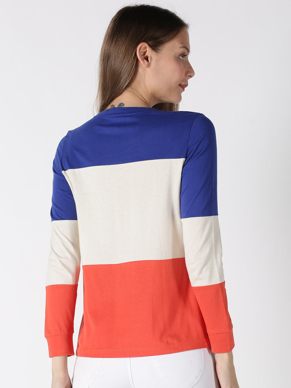 Women Blue Off White Orange Color Blocked Round Neck Recycled Cotton Full Sleeve Regular Fit Casual T-Shirts