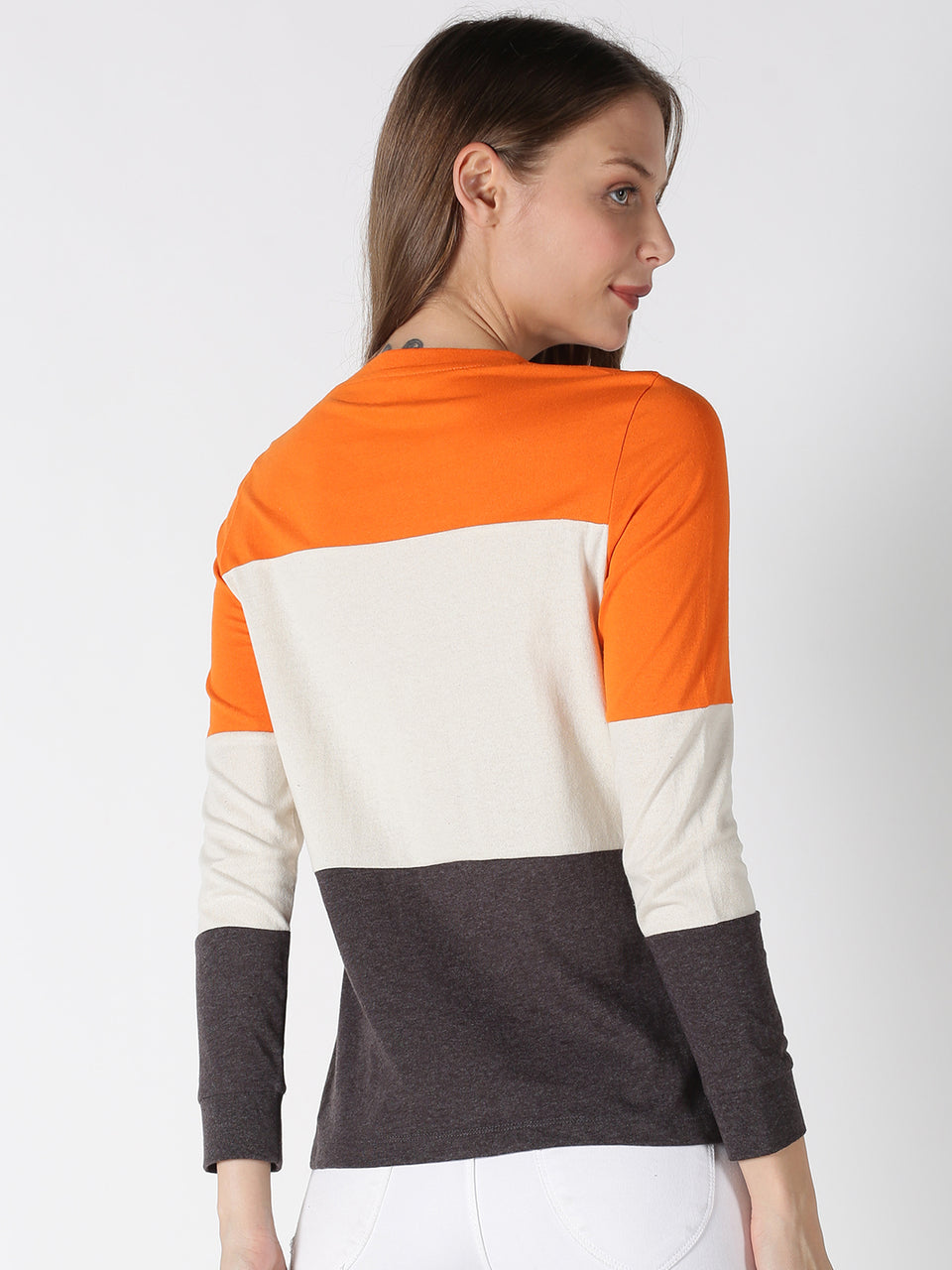 women orange & grey cotton full sleeve t-shirt