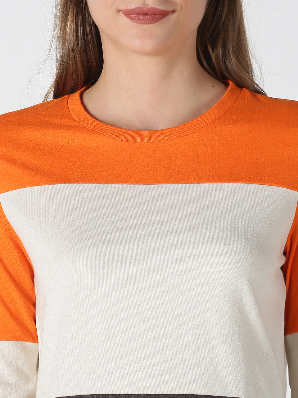 women orange & grey cotton full sleeve t-shirt