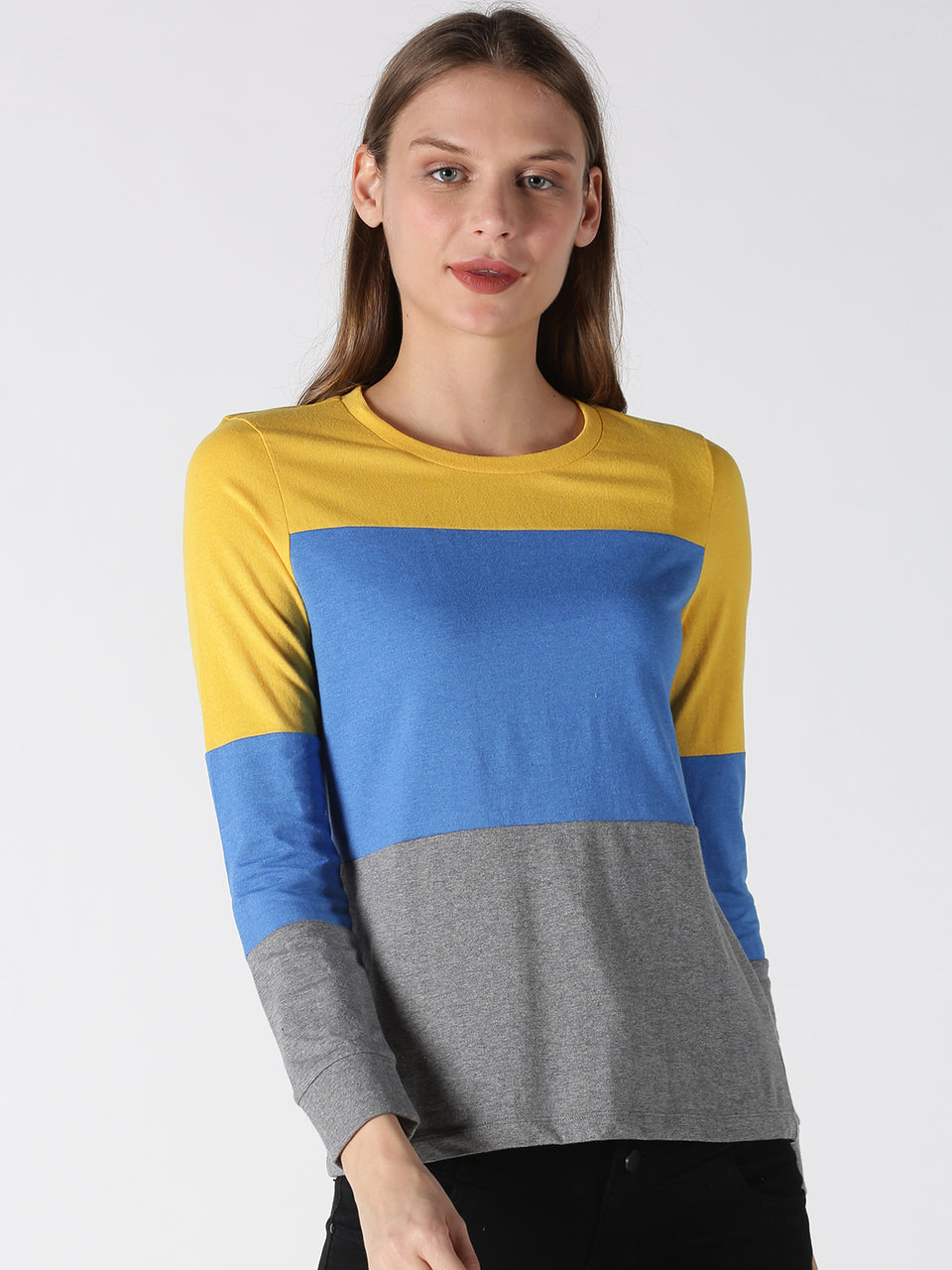 women grey & blue cotton full sleeve t-shirt