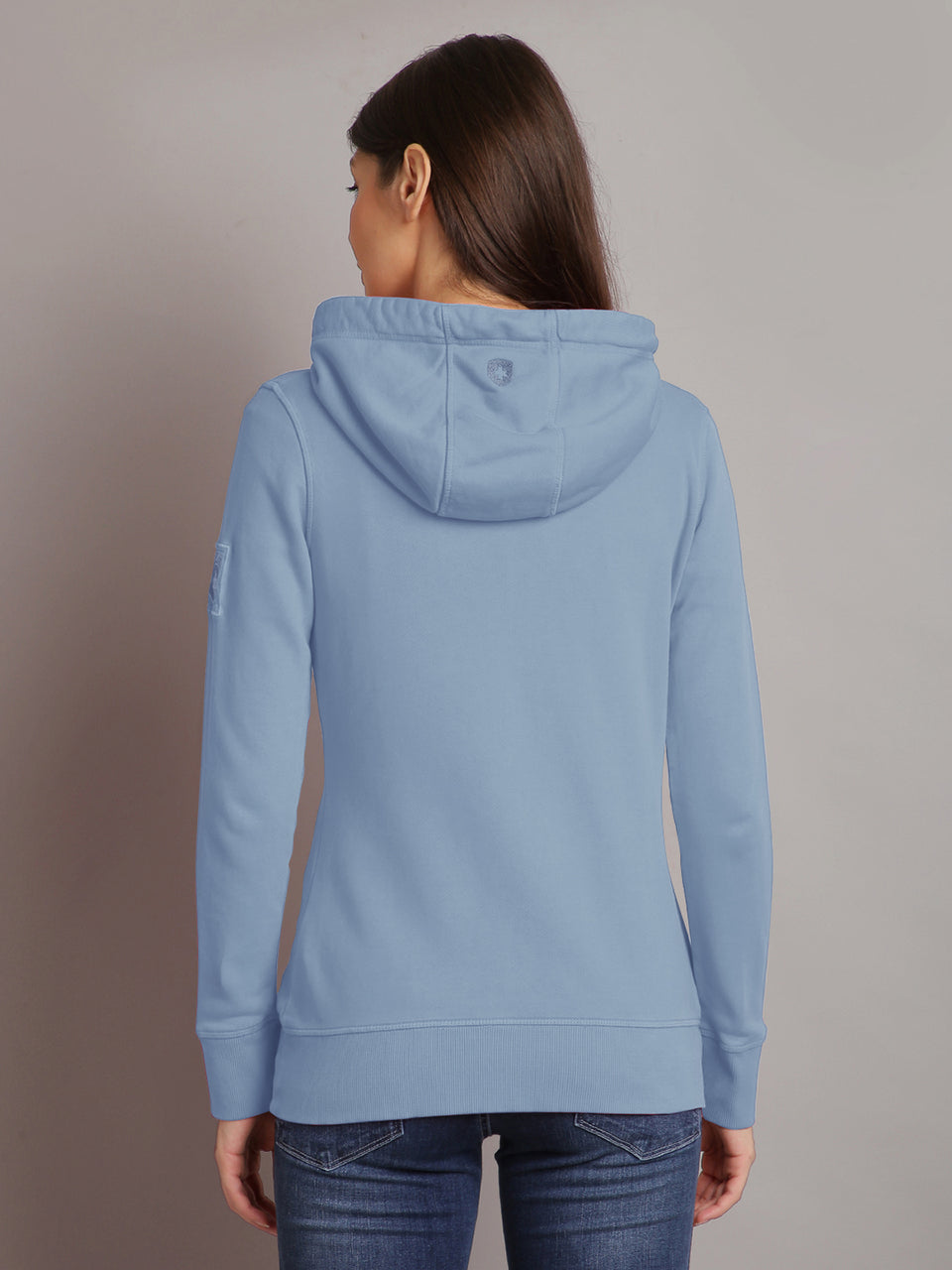 Women Blue Typographic Front Open Hooded Neck Regular Sweatshirt