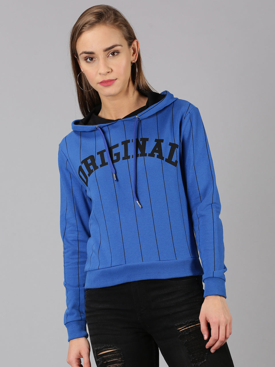 women blue printed pullover hoodie sweatshirt