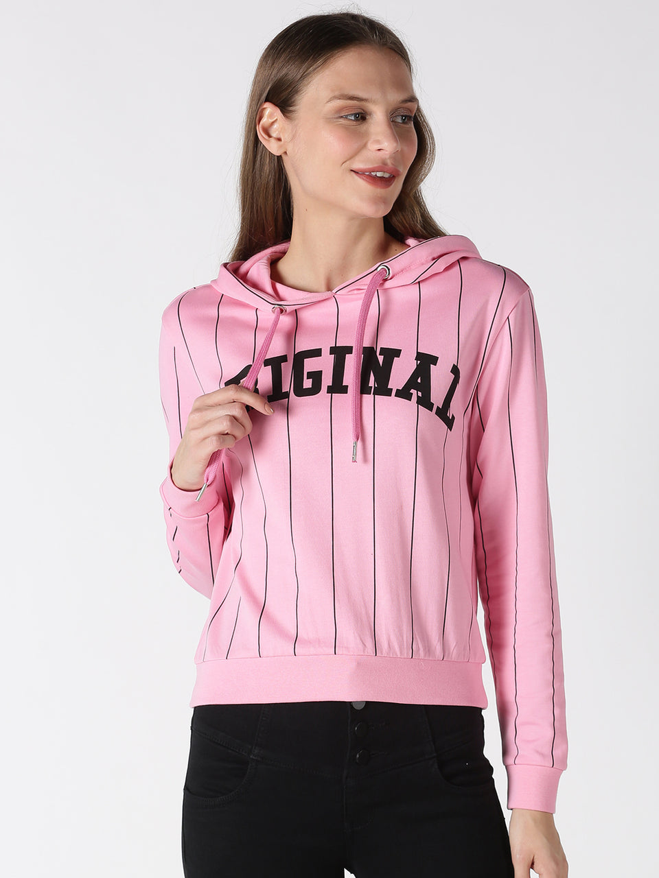 women pink printed pullover hoodie sweatshirt