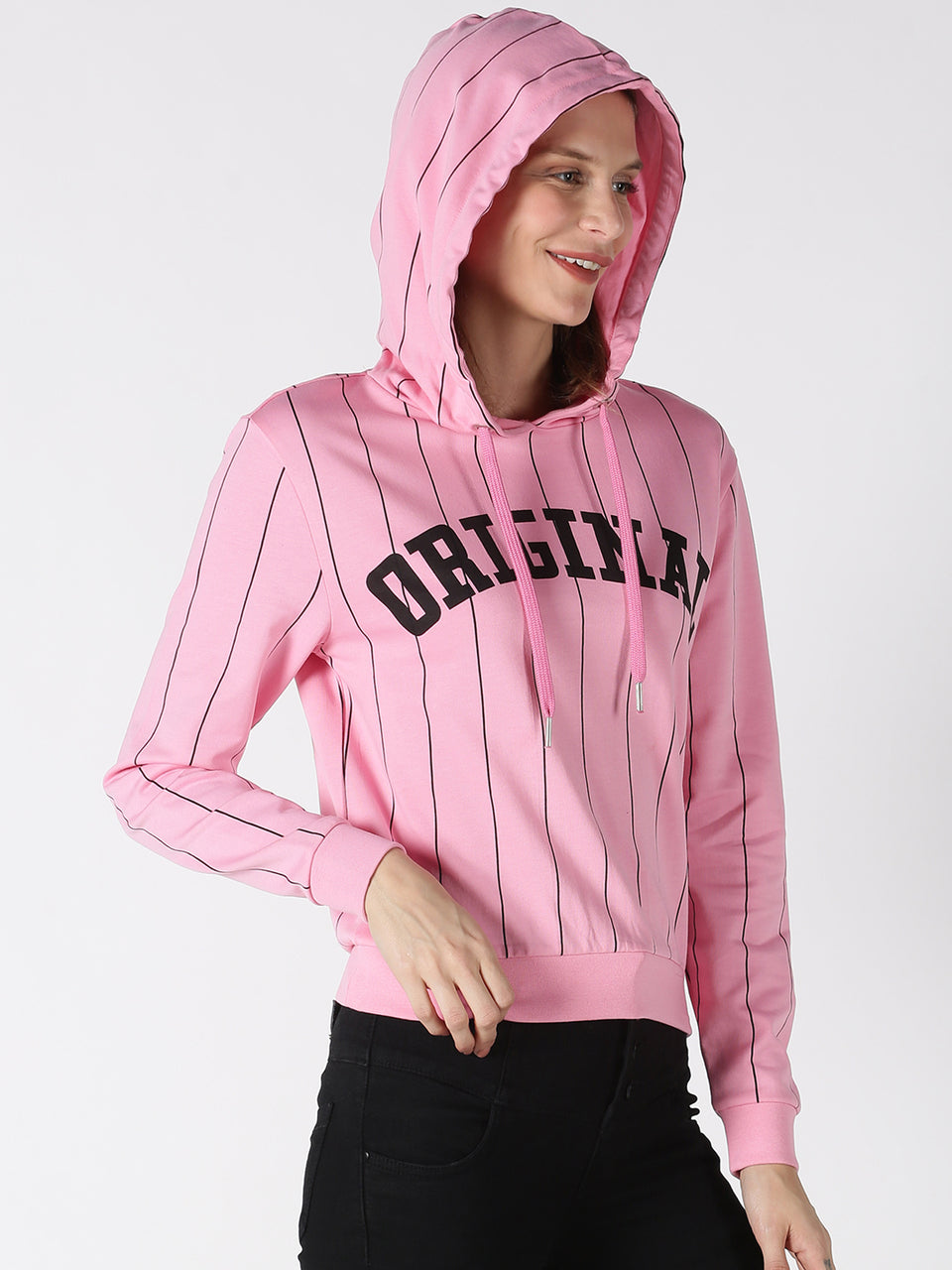 women pink printed pullover hoodie sweatshirt