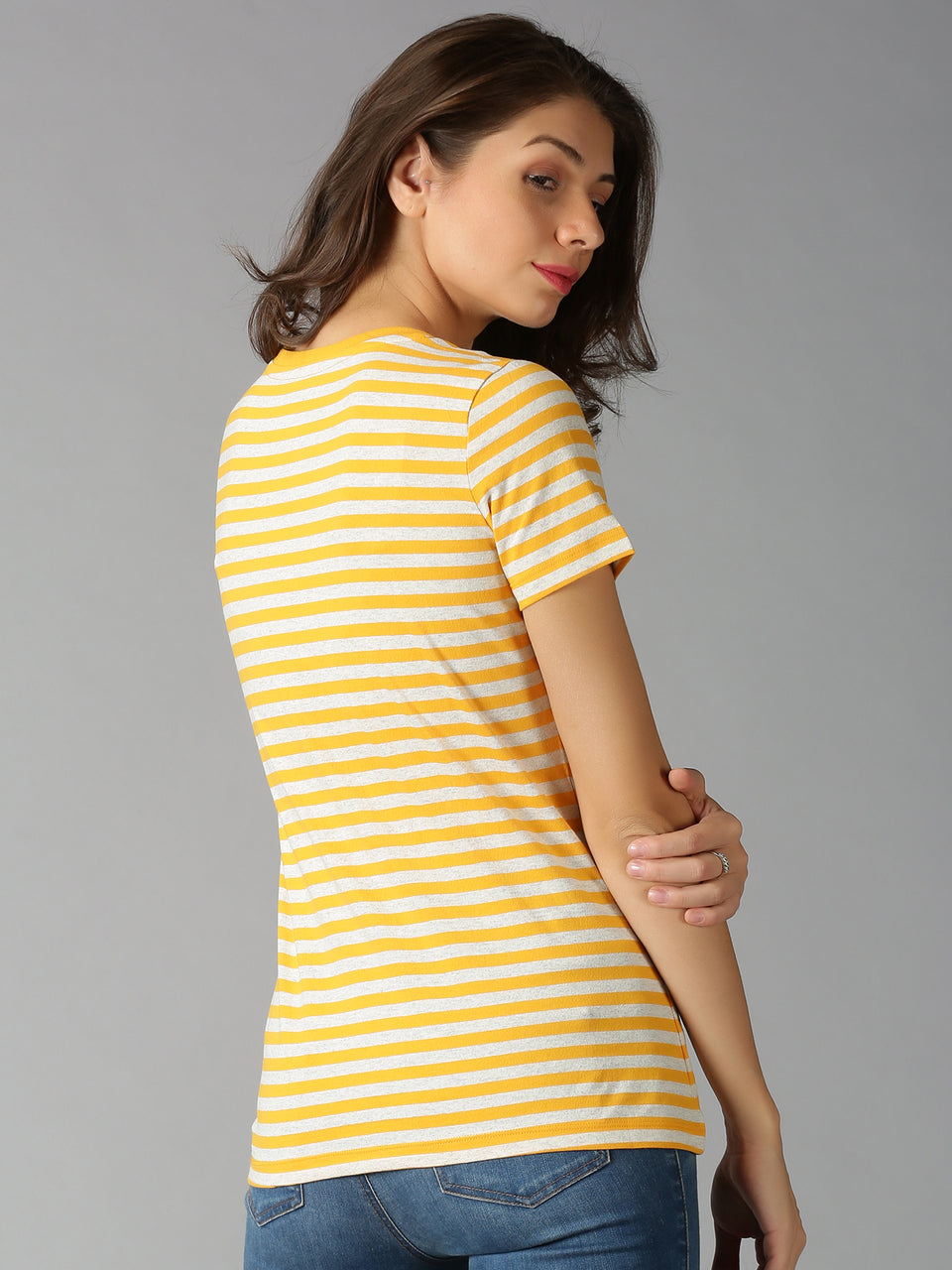 Women Yellow Stripes V Neck Casual T-Shirt