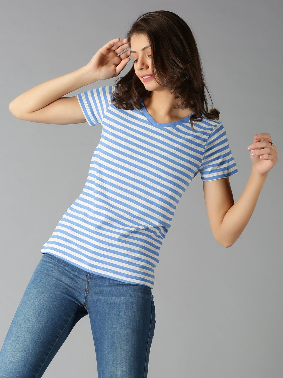 Women Blue Stripes V Neck Casual T-Shirt