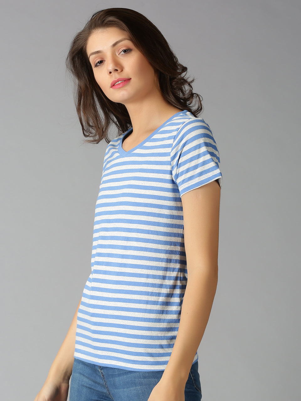 Women Blue Stripes V Neck Casual T-Shirt