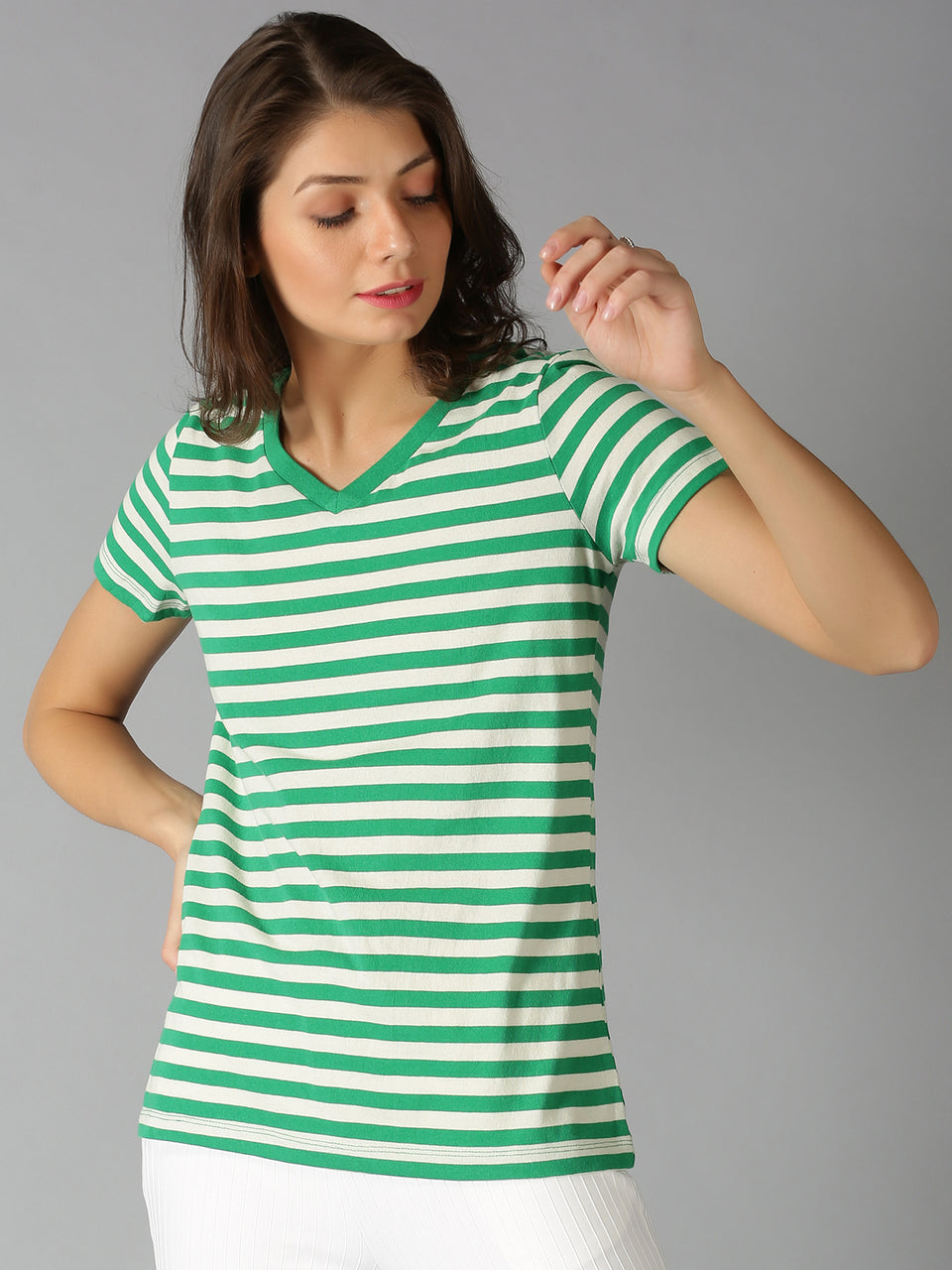 Women Green Stripes V Neck Casual T-Shirt