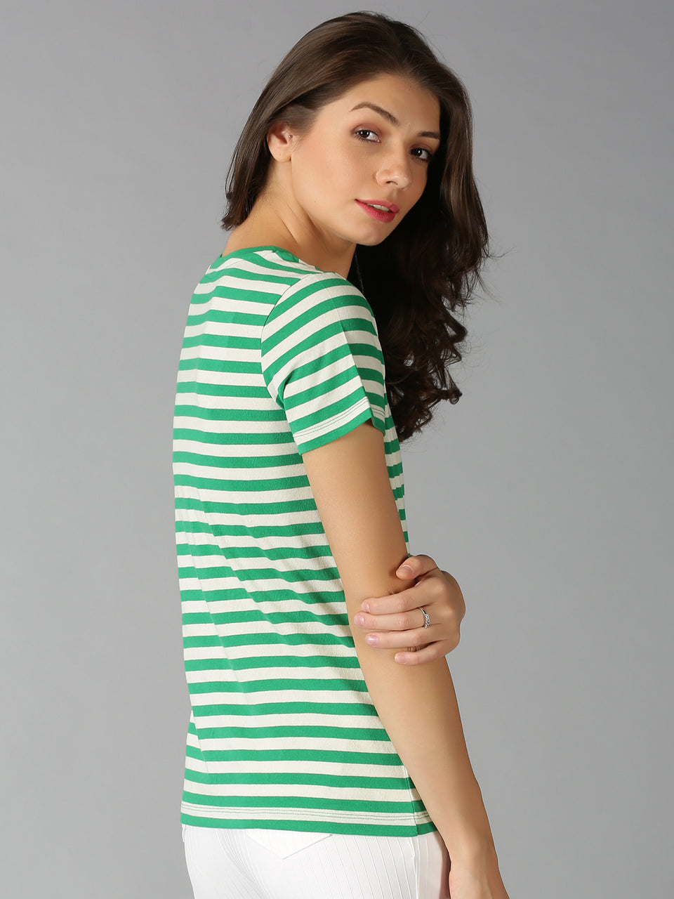 Women Green Stripes V Neck Casual T-Shirt