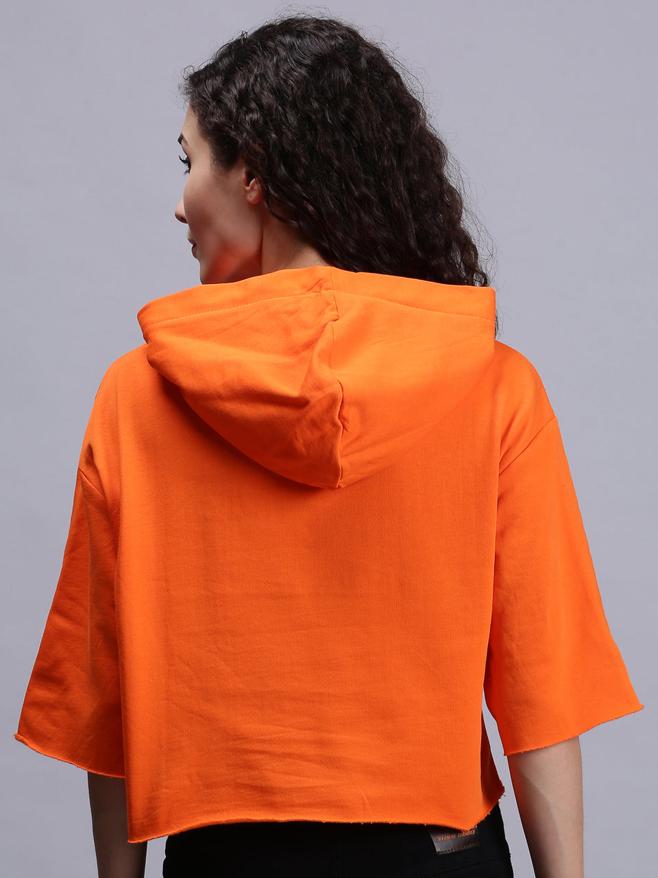 women solid orange 3/4 sleeve hooded sweatshirt
