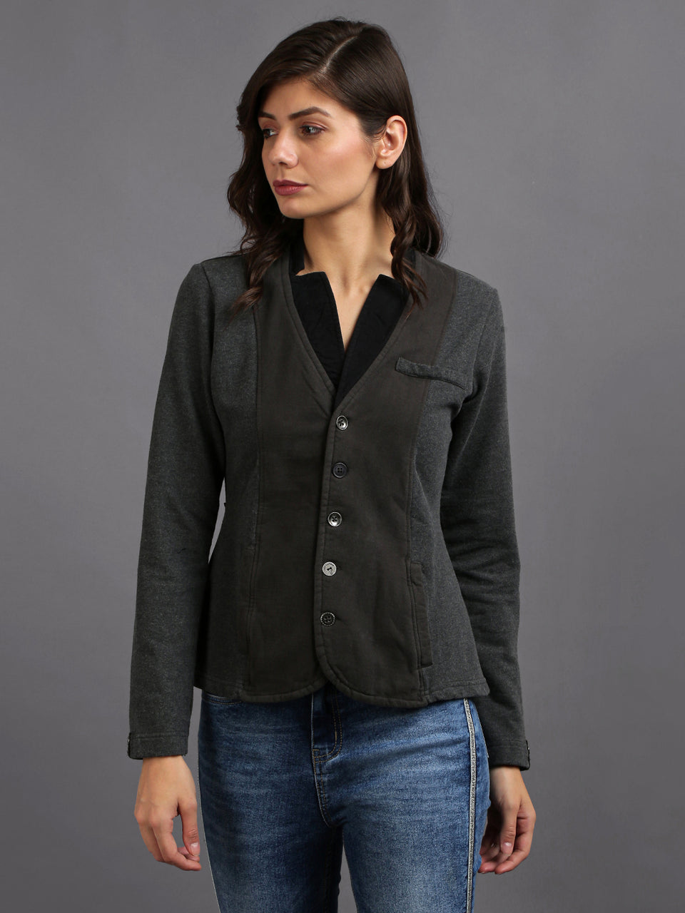 dark grey full sleeve solid women jacket