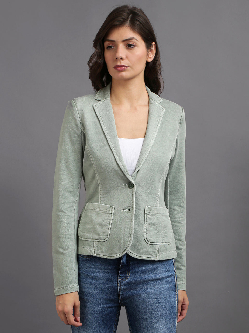 olive green full sleeve solid women jacket