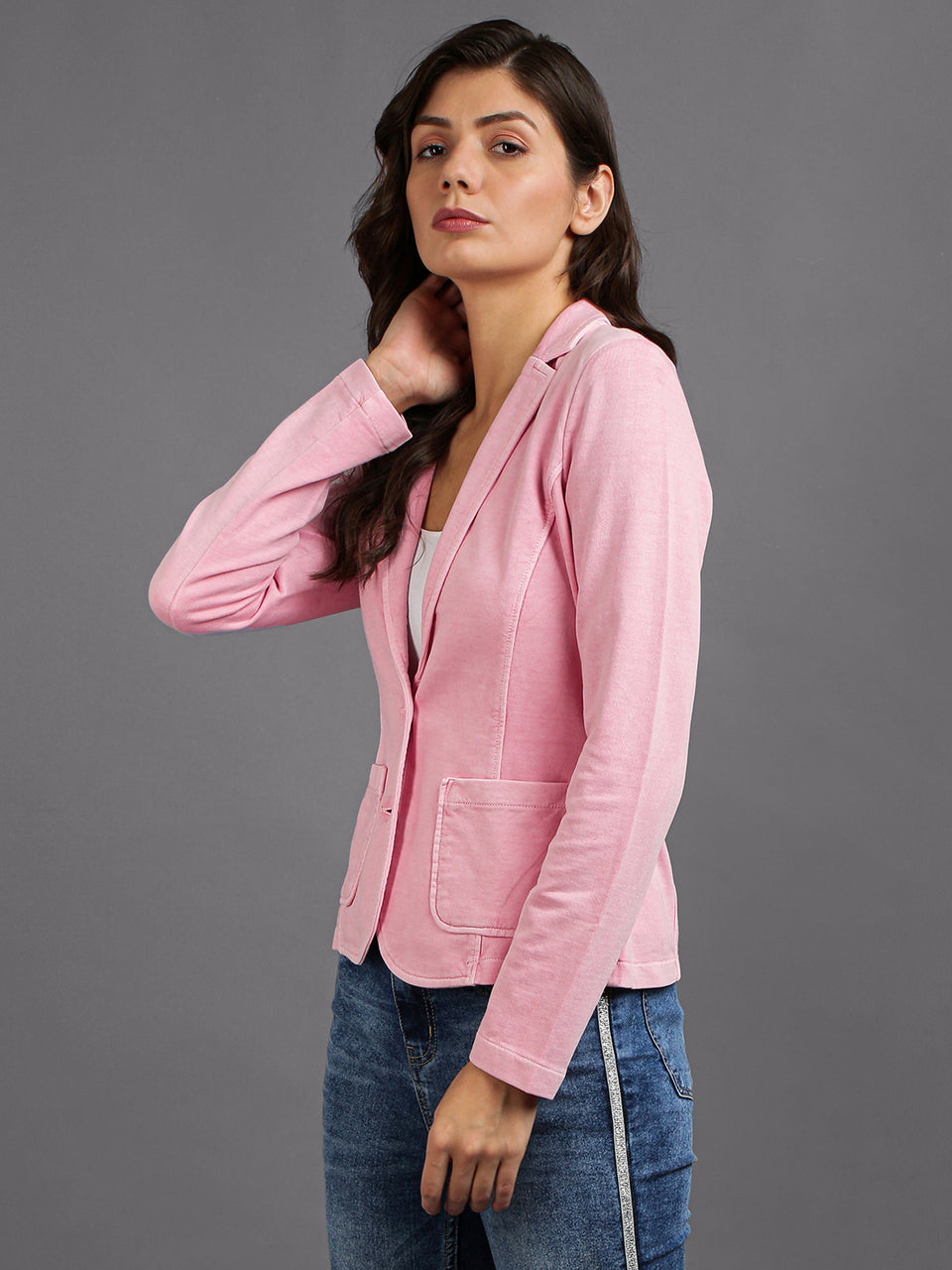 pink full sleeve solid women jacket