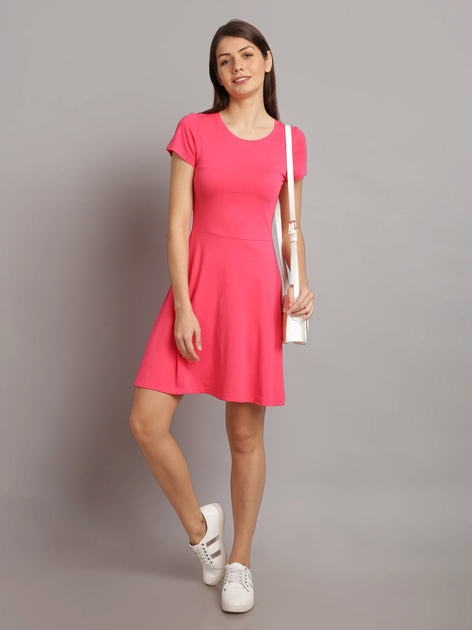 women solid pink a-line dress