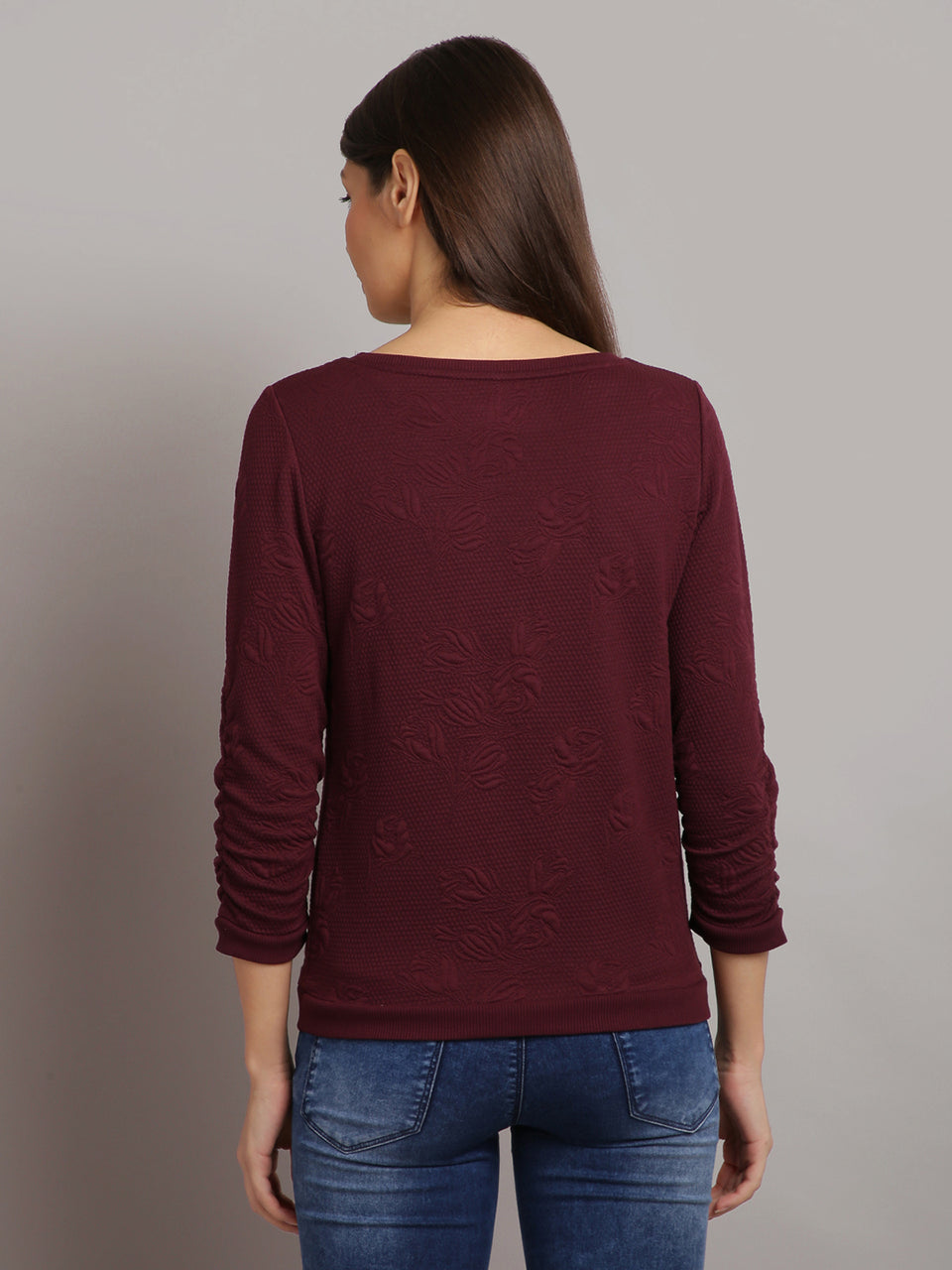women solid maroon self design pullover sweatshirt