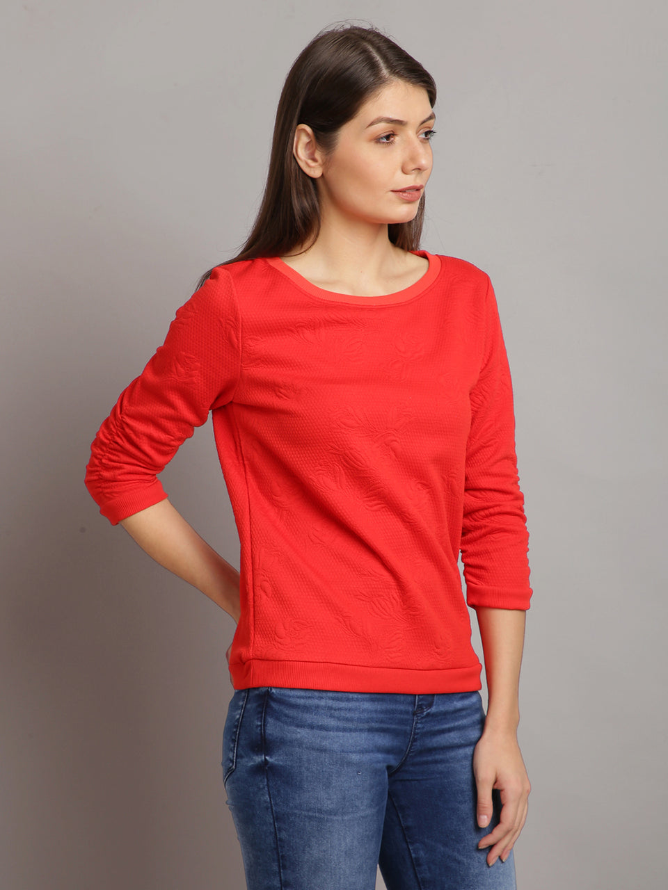 women solid red self design  pullover sweatshirt