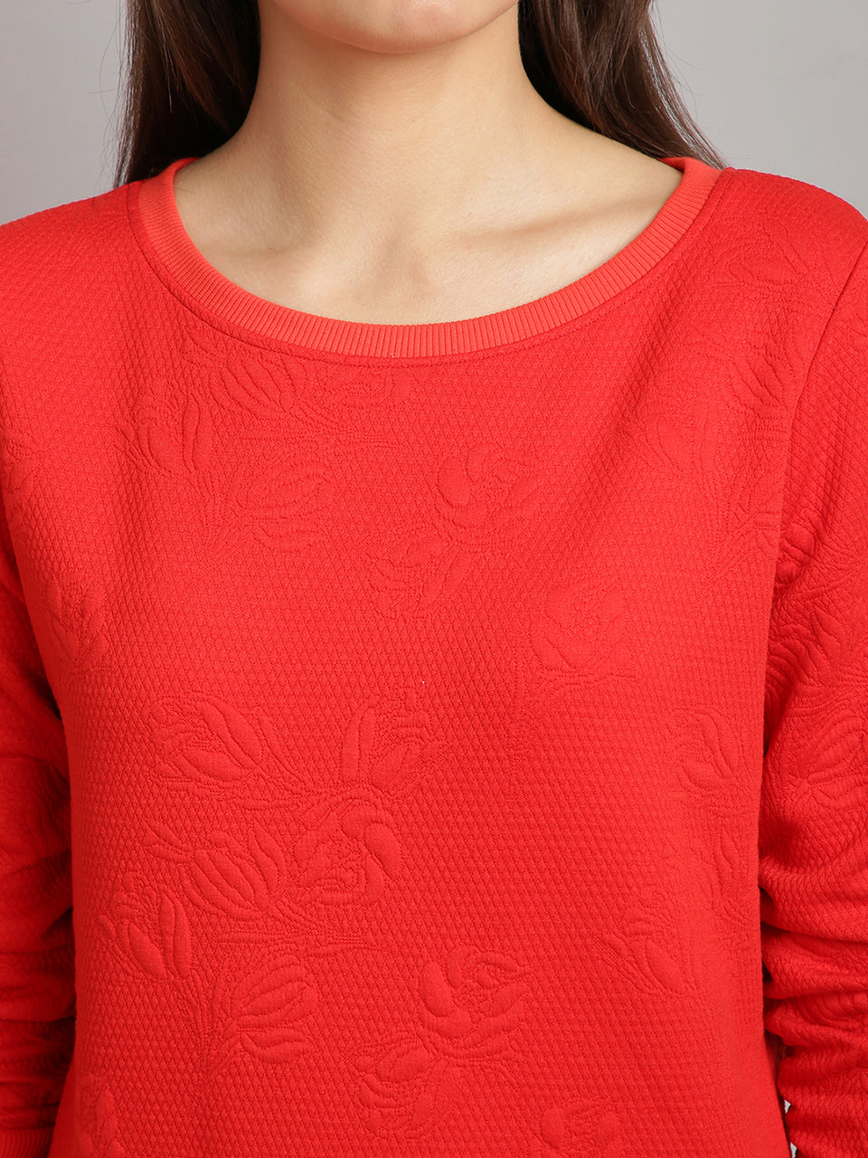 women solid red self design  pullover sweatshirt