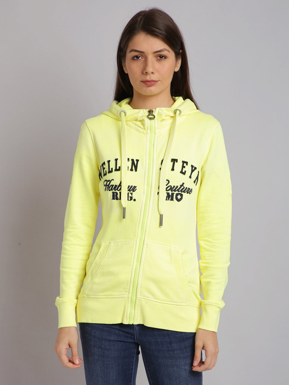 women yellow embroidered zip hooded sweatshirt