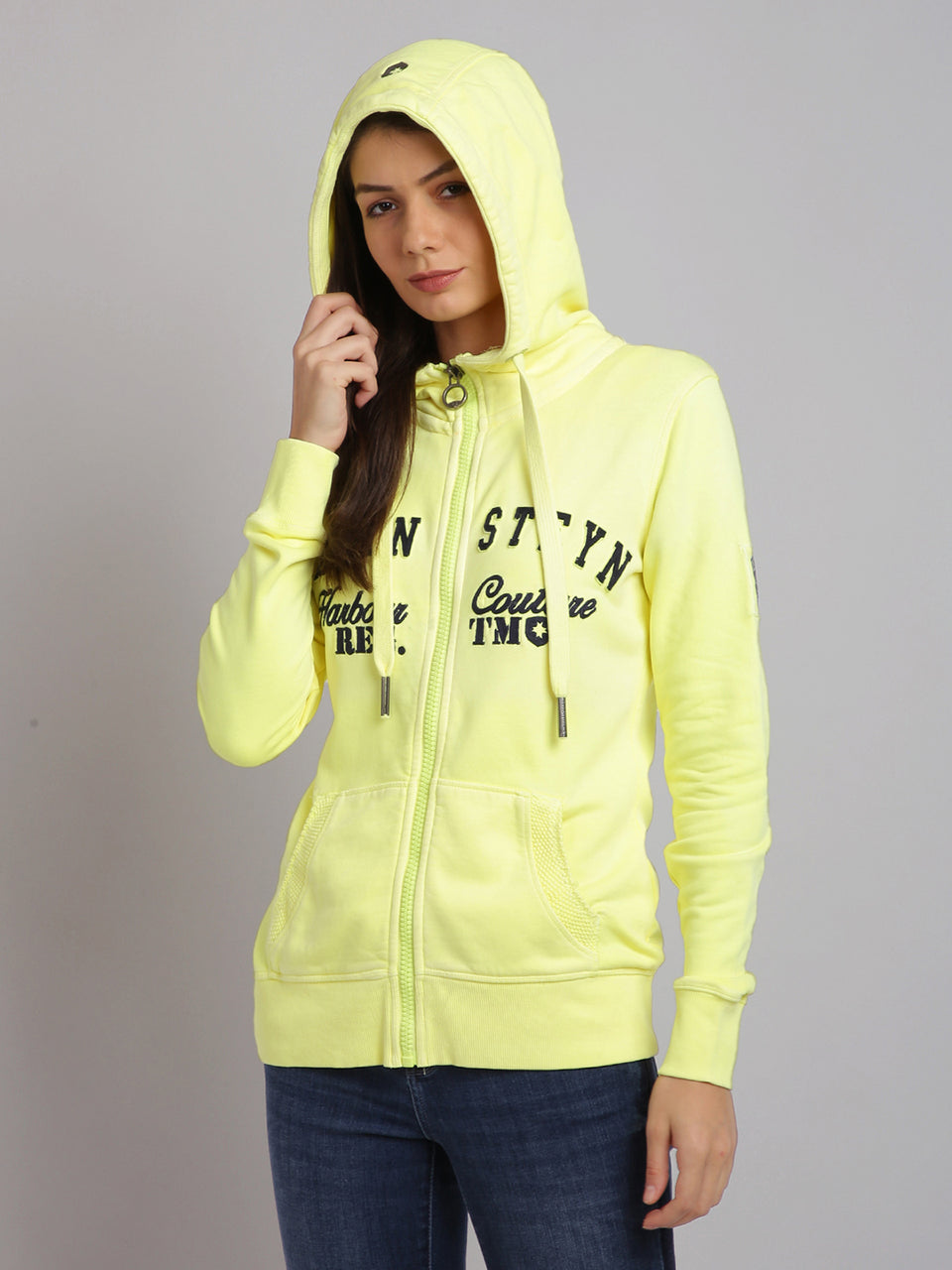 women yellow embroidered zip hooded sweatshirt