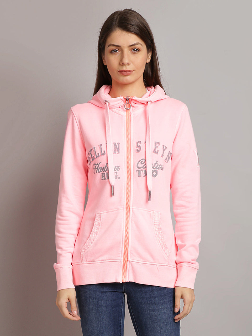 women pink embroidered zip hooded sweatshirt