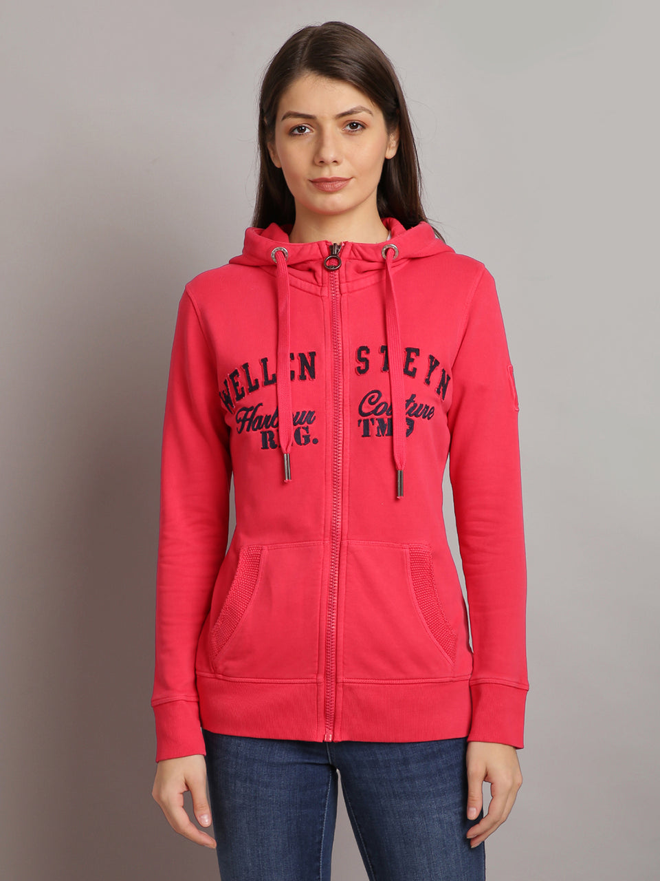 Buy womens red embroidered zip hooded sweatshirts online india