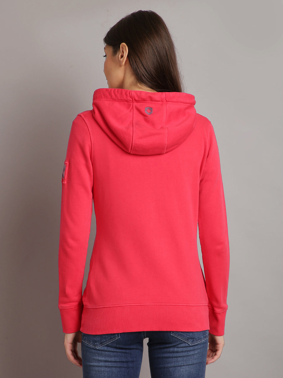 women red embroidered zip hooded sweatshirt