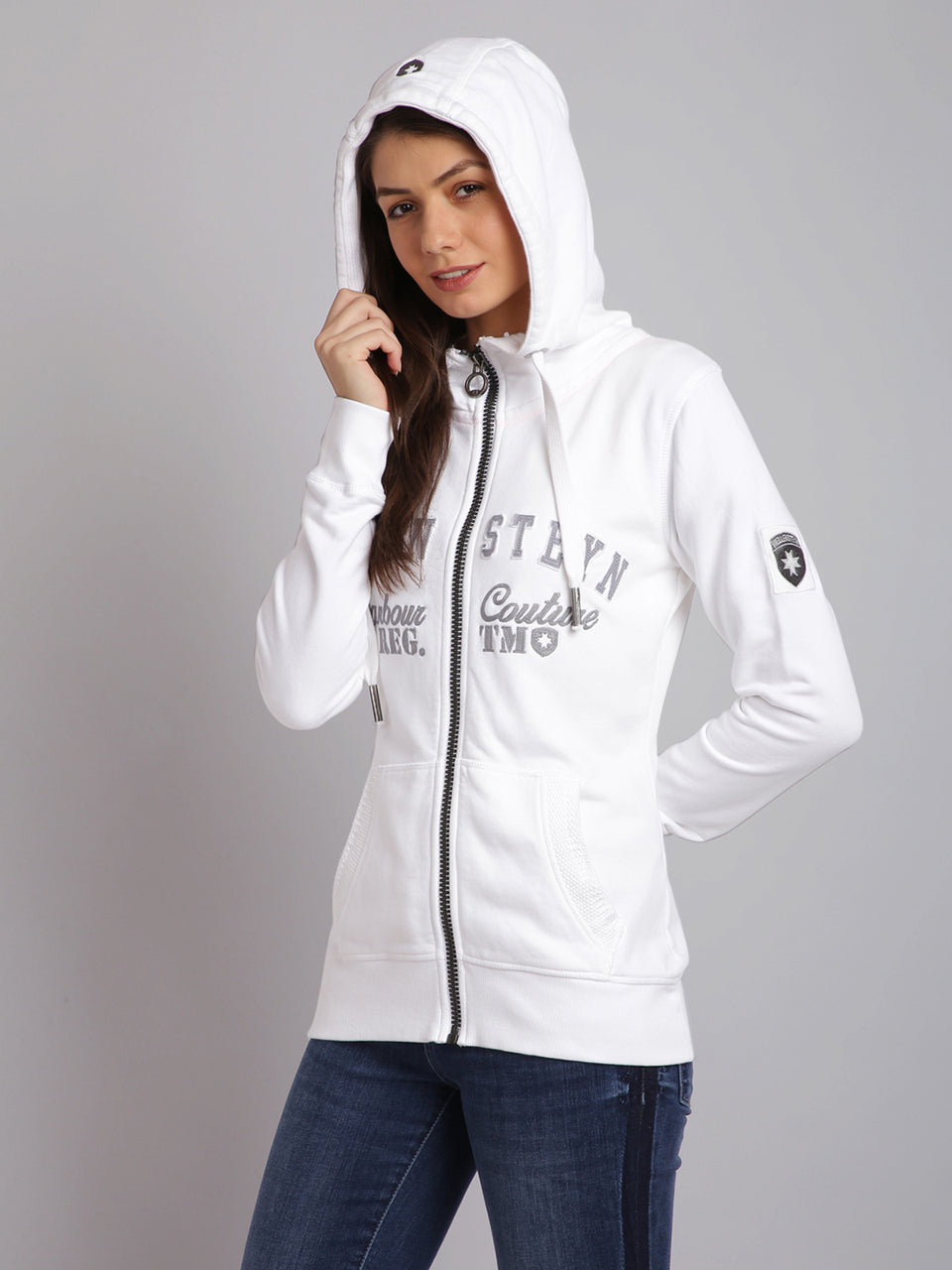 women white embroidered zip hooded sweatshirt