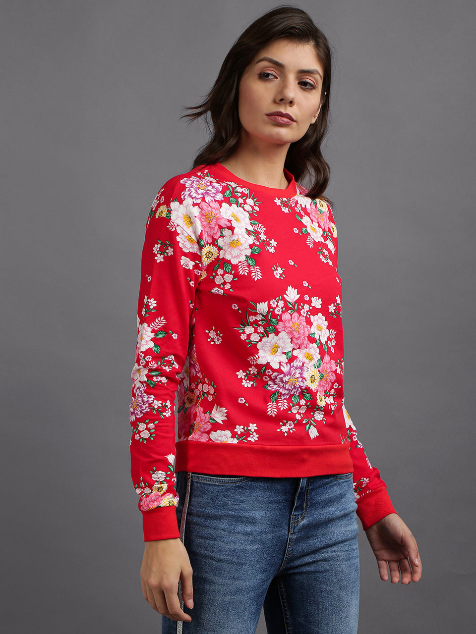 women red cotton flower print pullover sweatshirt