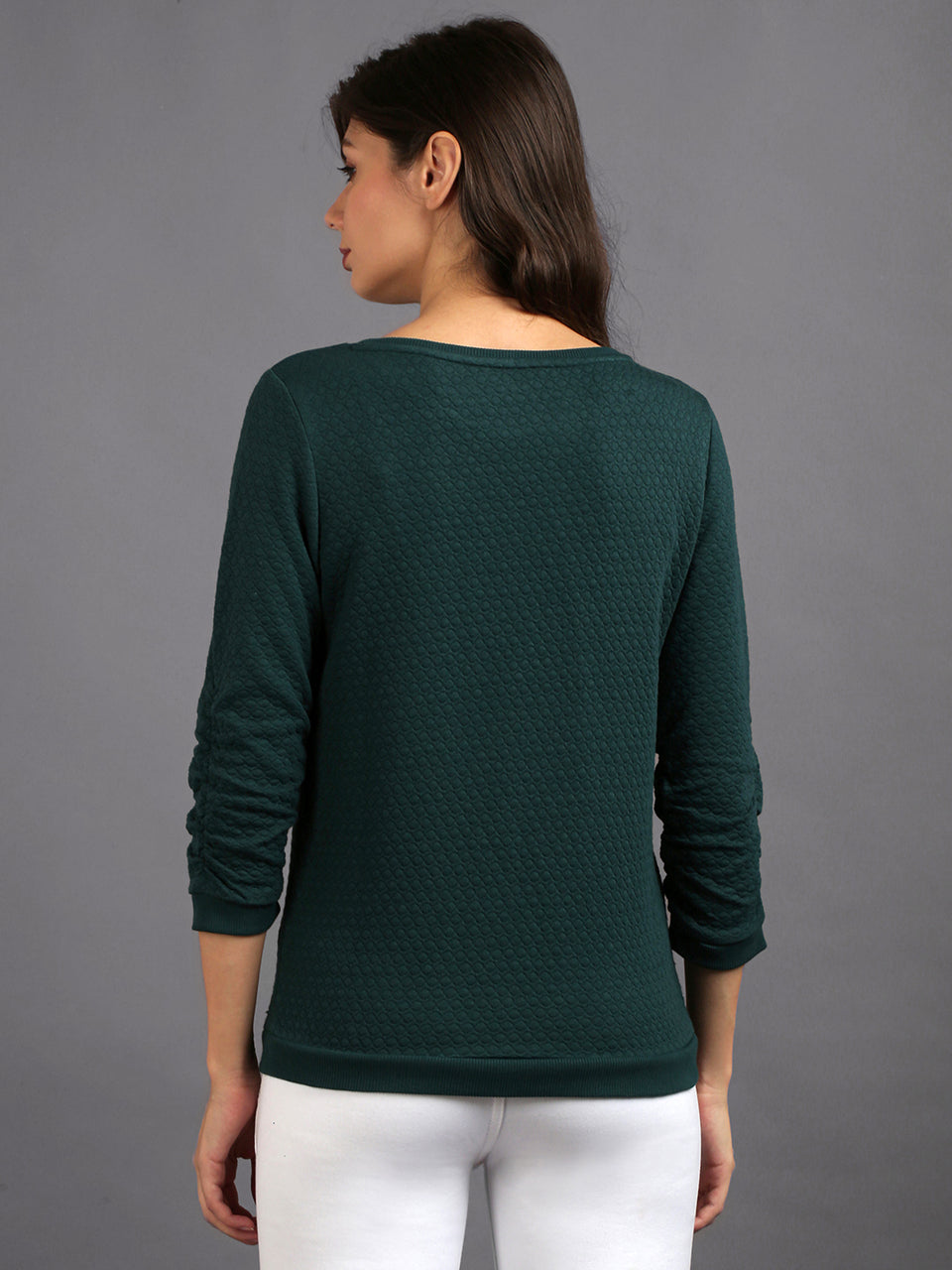 women solid green cotton pullover sweatshirt