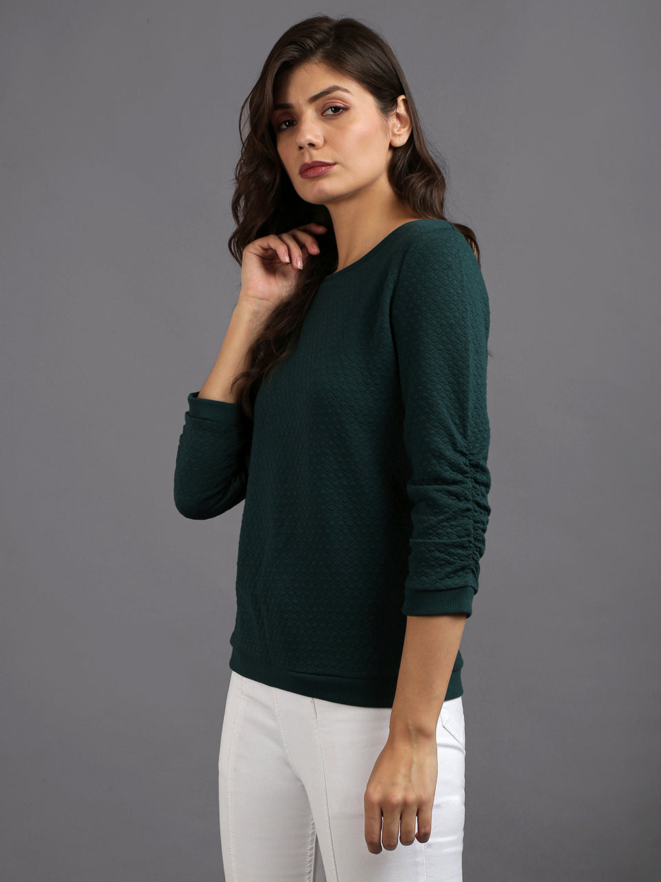 women solid green cotton pullover sweatshirt