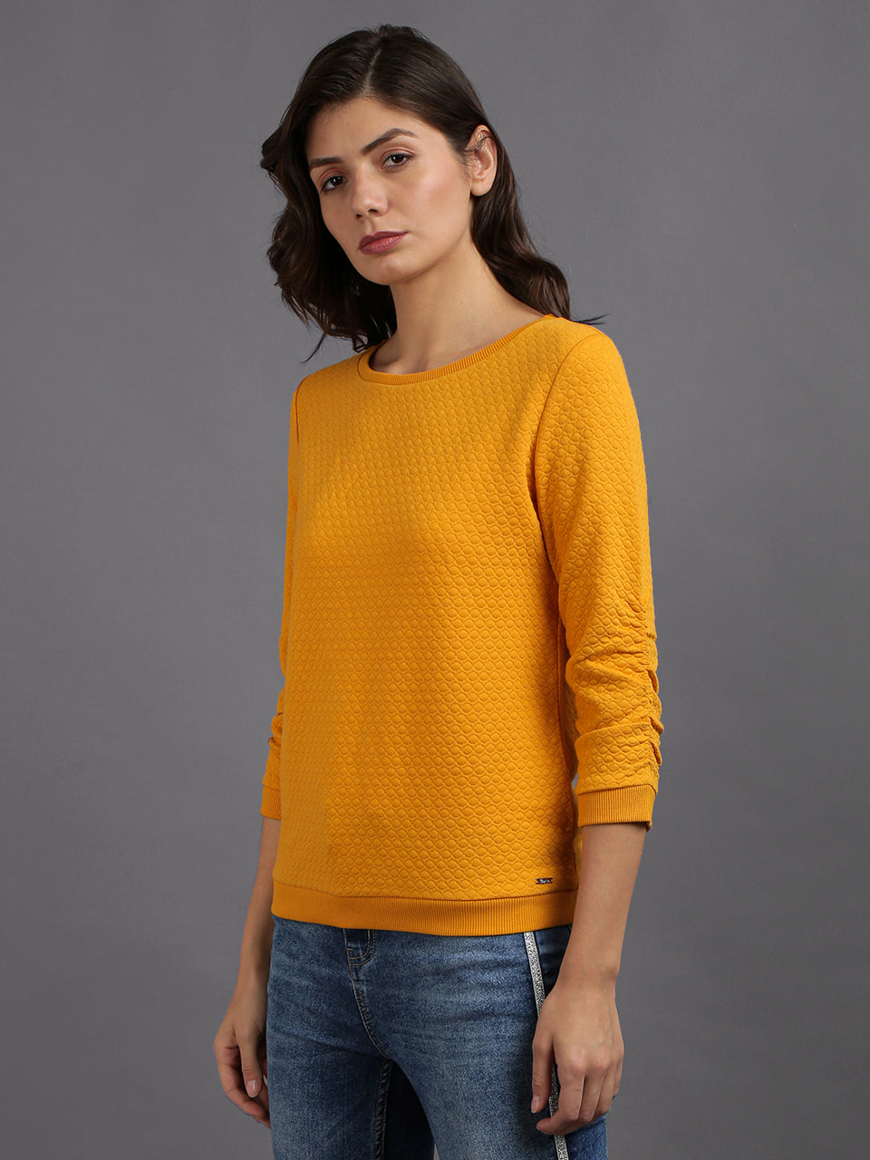 women solid yellow cotton pullover sweatshirt