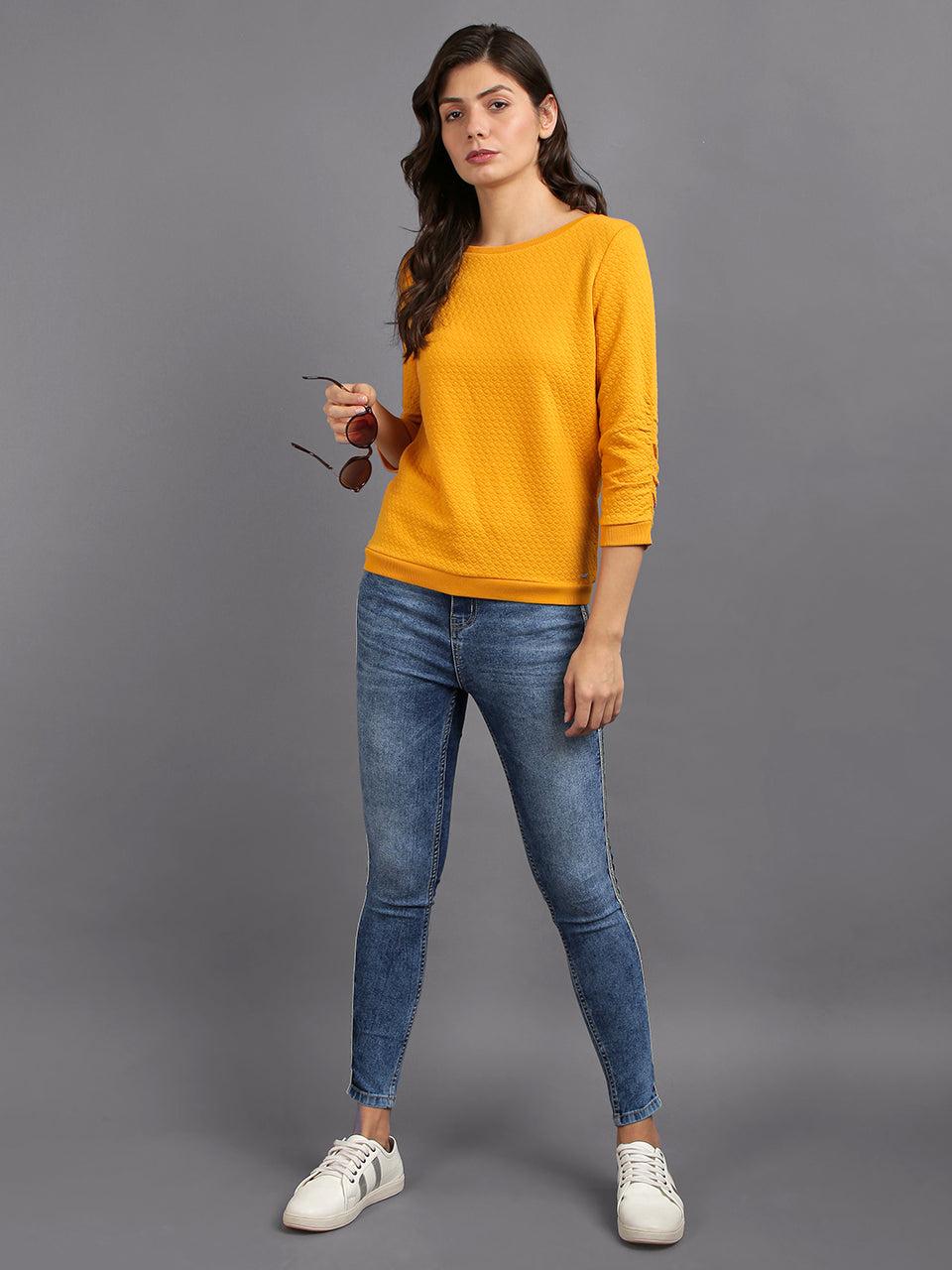 women solid yellow cotton pullover sweatshirt