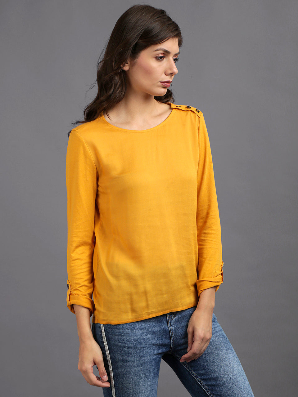 women solid yellow casual tops