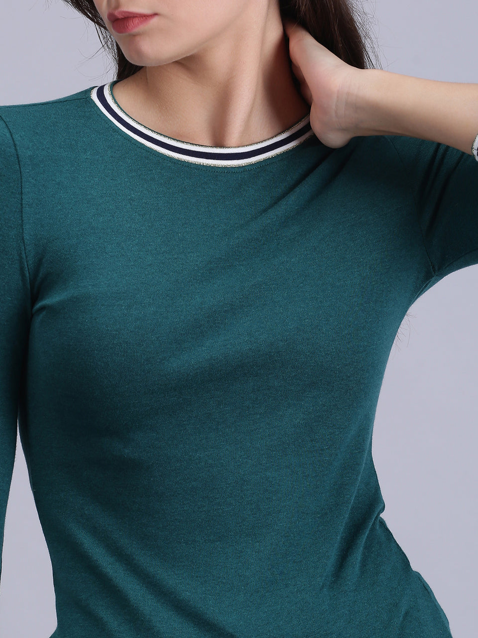 women solid green cotton full sleeve t-shirt