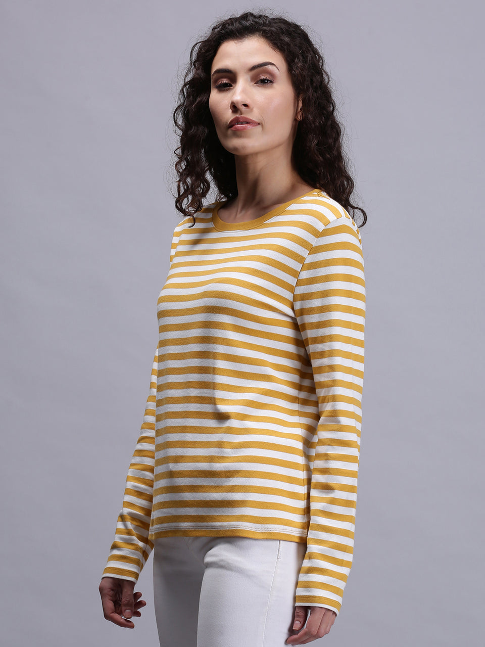 women yellow striped crew neck t-shirt