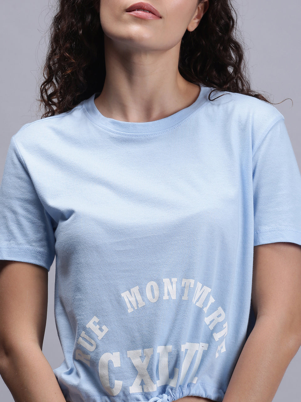 women blue printed cotton crew neck t-shirt