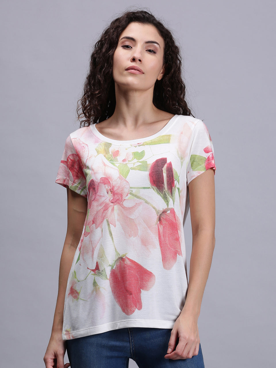 women pink floral print crew neck t-shirt