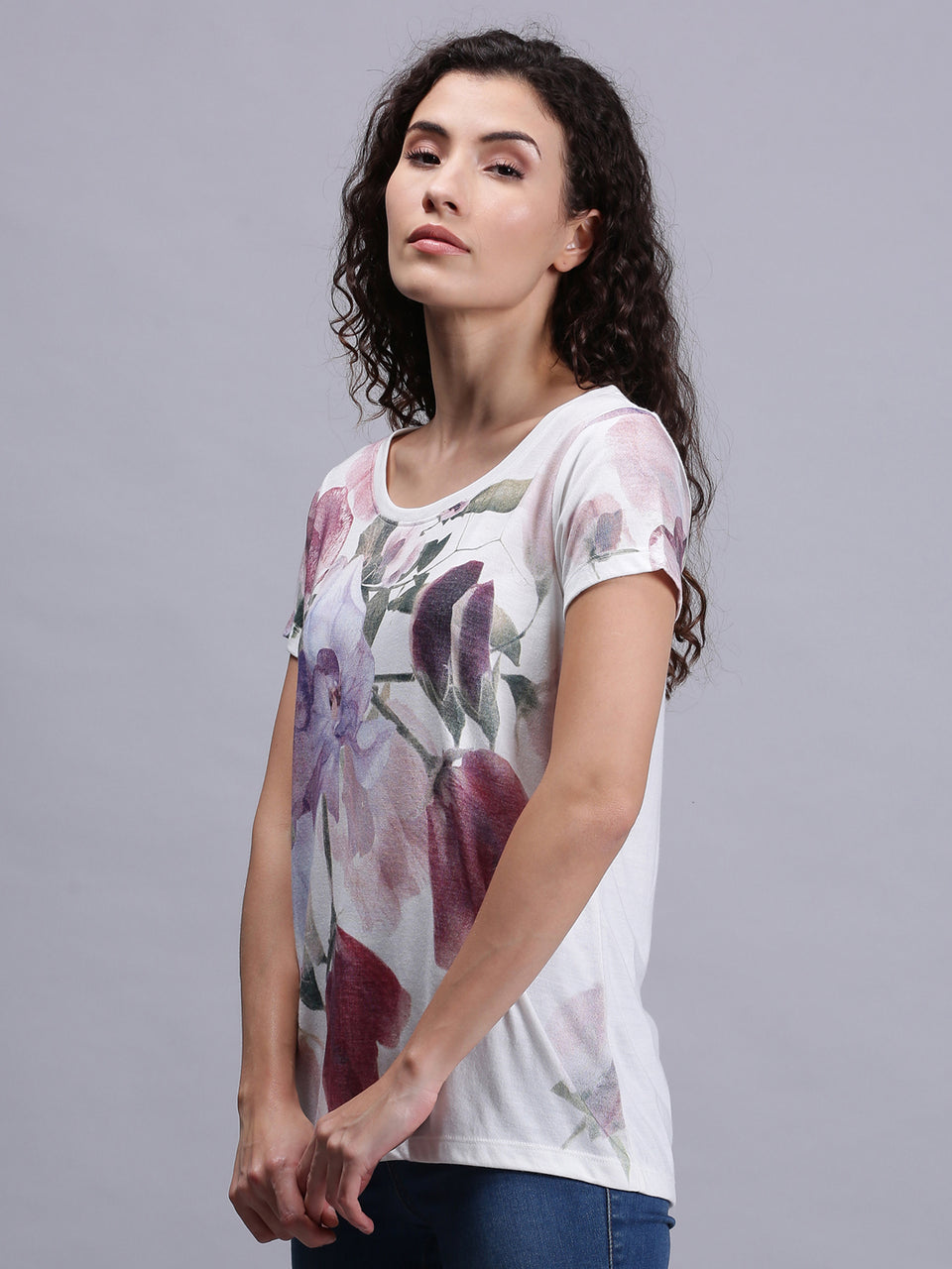women purple floral print crew neck t-shirt