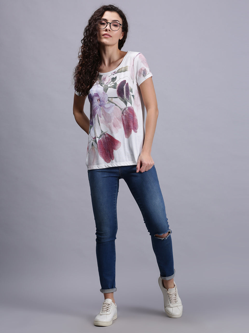 women purple floral print crew neck t-shirt