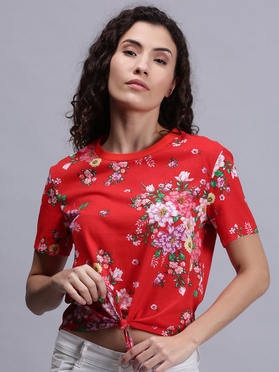 women red floral print crew neck t-shirt