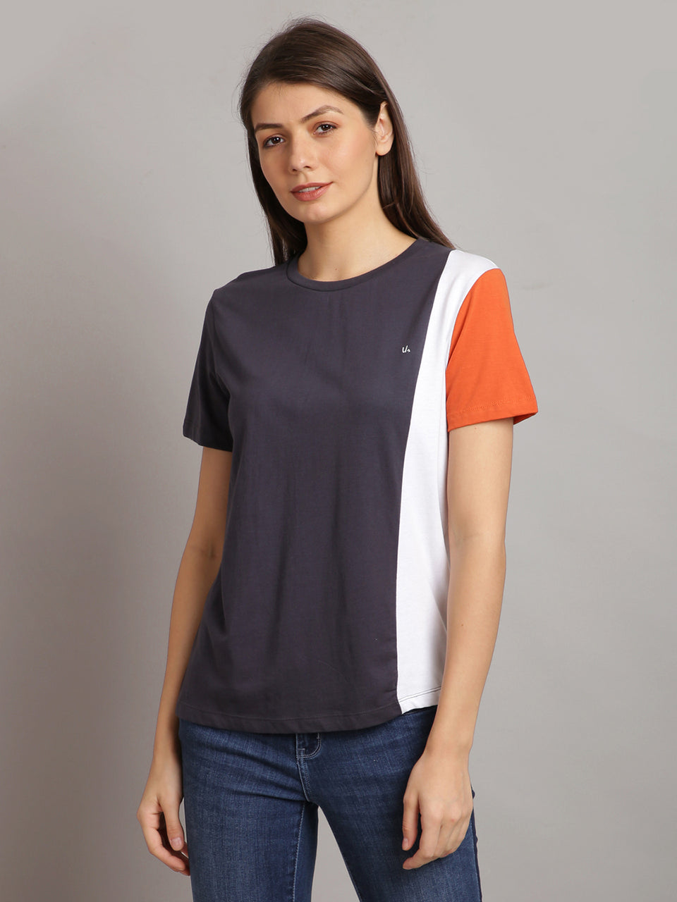 women dark blue & orange cotton round neck t-shirt