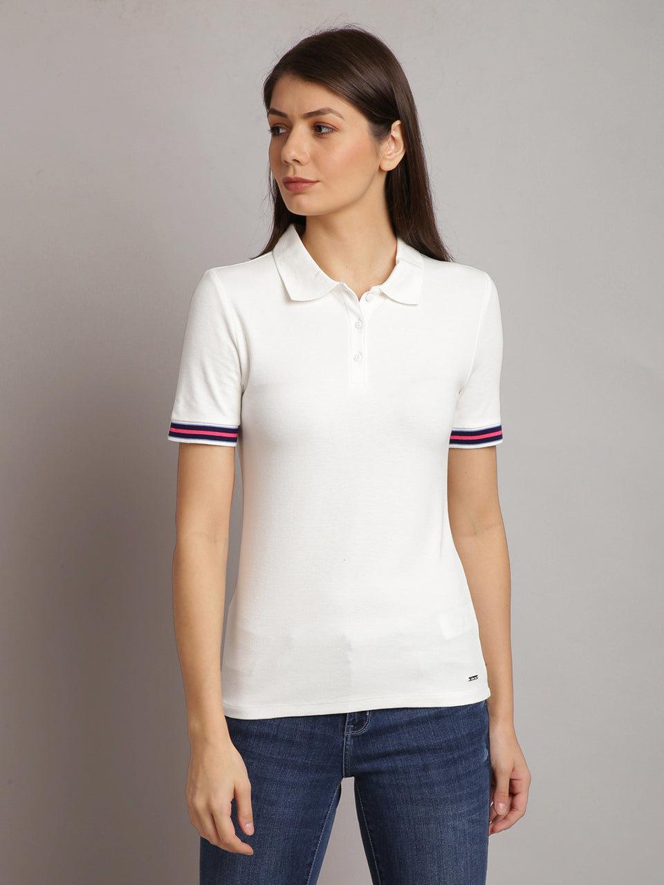 women solid white cotton polo t-shirt