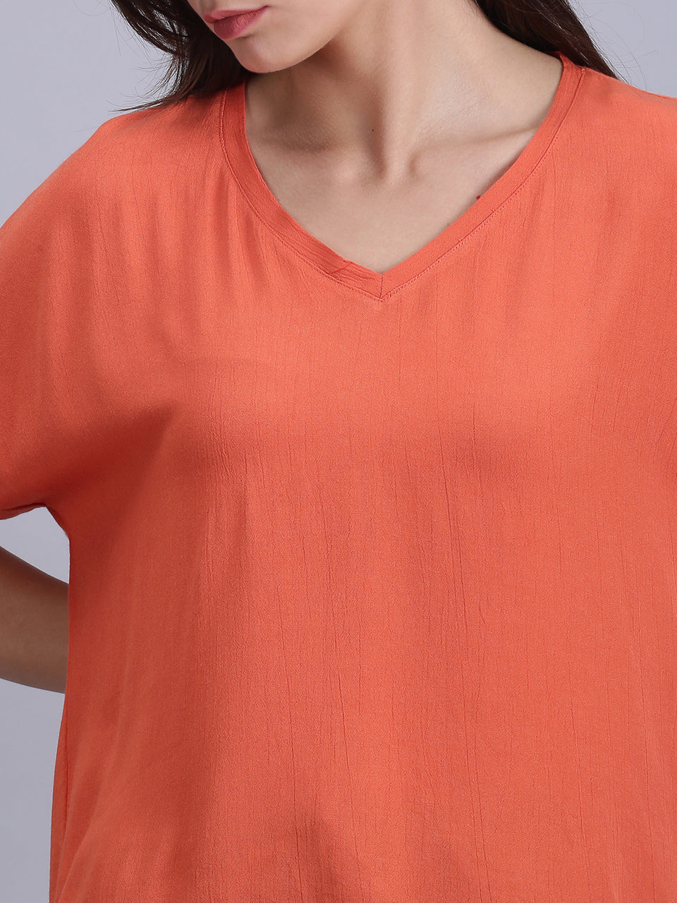 women solid orange v neck casual tops 