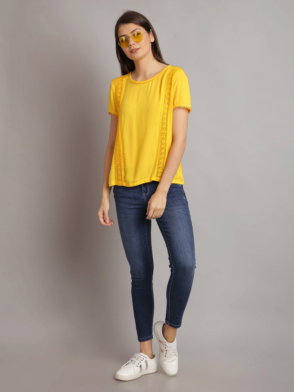 women solid yellow half sleeve lace tops