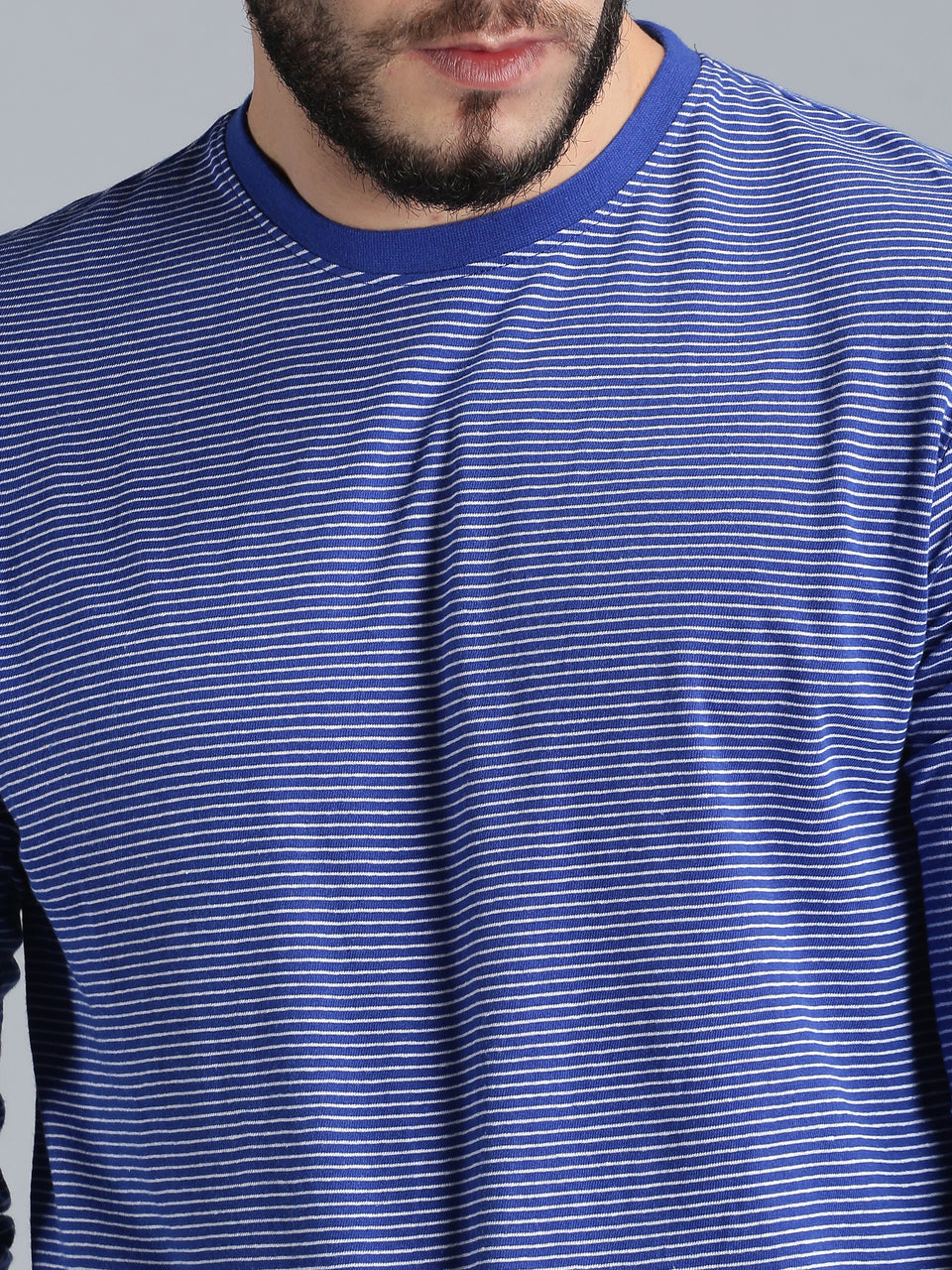 Men Blue White Yarn Dyed Stripes Round Neck Recycled Cotton Full Sleeve Regular Fit Casual T-Shirt