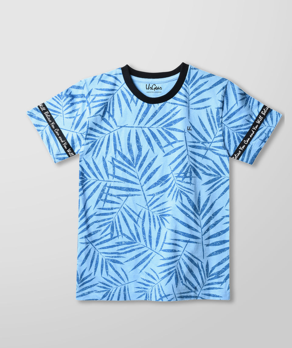 girls blue leaf printed round neck t-shirt