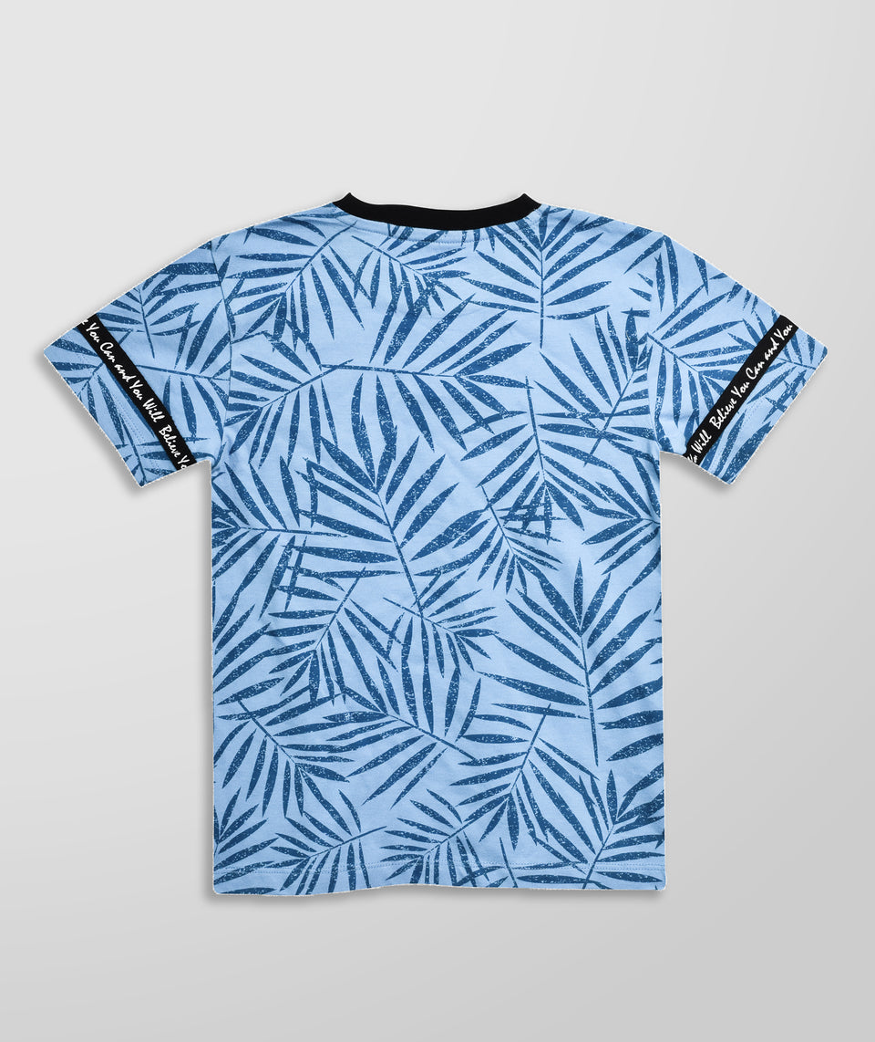 boys blue leaf printed round neck t-shirt